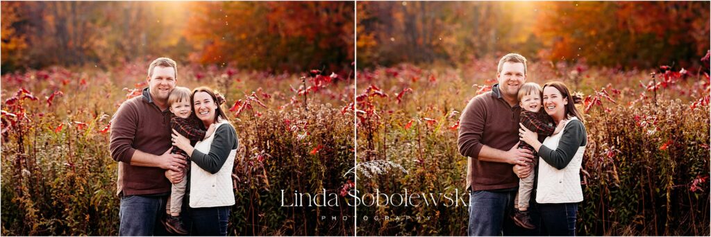 family of three in a park during the fall, CT Family Photographer
