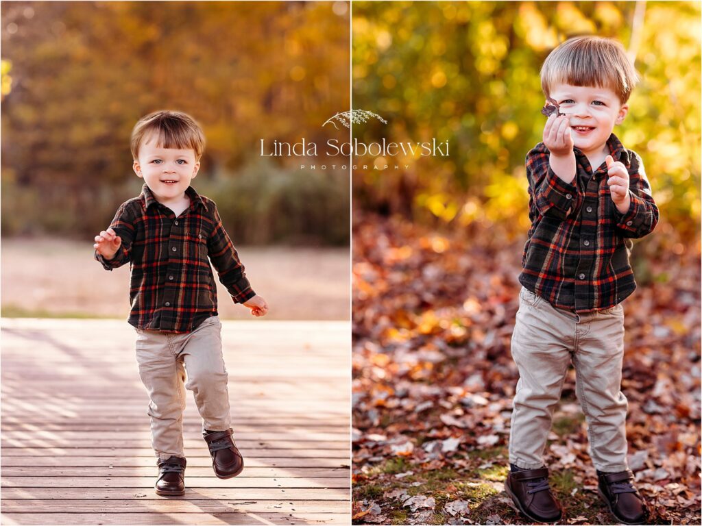 little boy with blonde hair and a plaid shirt running and playing, CT Best Family photographer