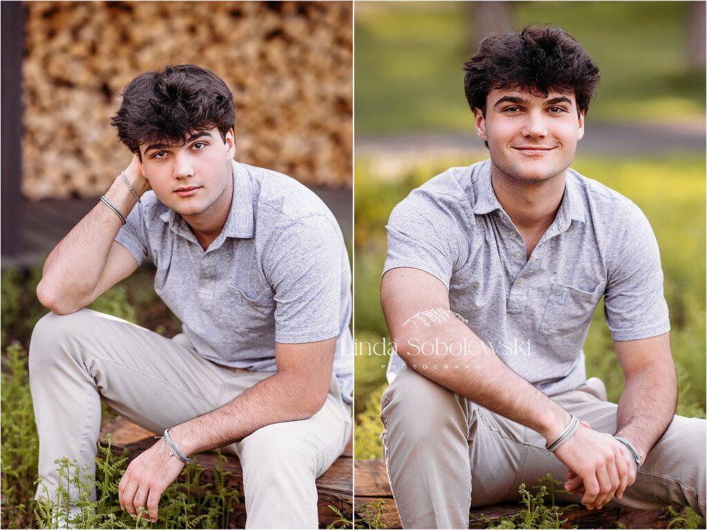 boy in black hair sitting down, CT high school senior boy photographer