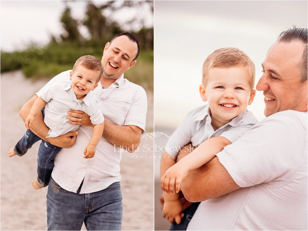 dad in white shirt holding his cute little boy at the beach, Old Saybrook and Westbrook family photographer