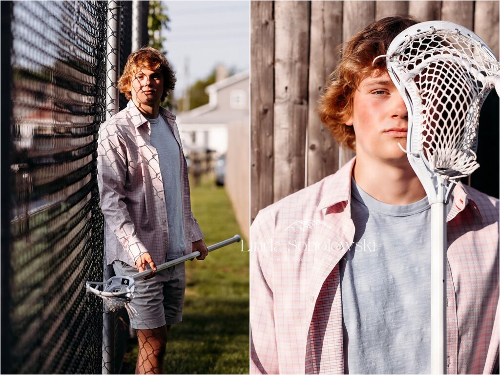 high school teenager holding his lacrosse stick, CT shoreline best photographer for senior boys