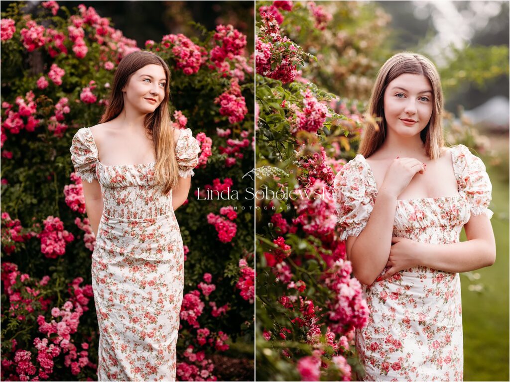 girl with long hair standing next to roses, Elizabeth State park Senior Session