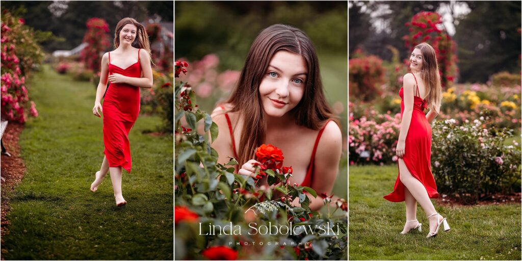 girl in red dress running in a park with roses, Elizabeth Park Senior Girl Session