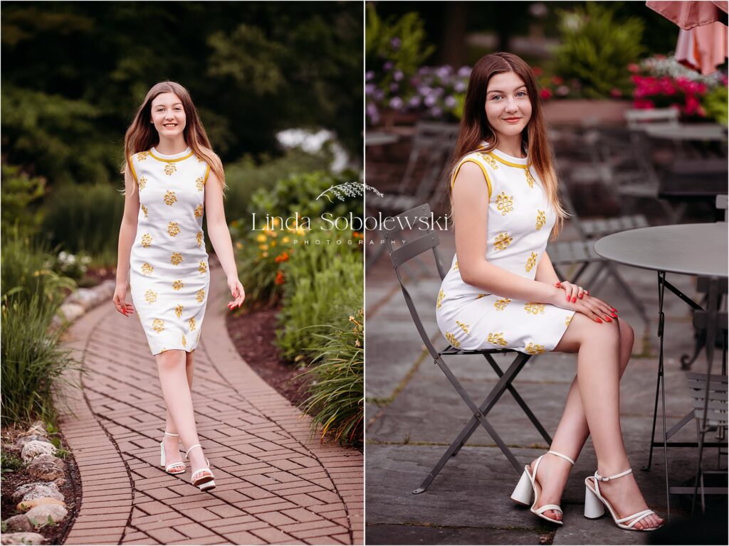 girl in white dress sitting and walking in a park, CT Senior girl photographer
