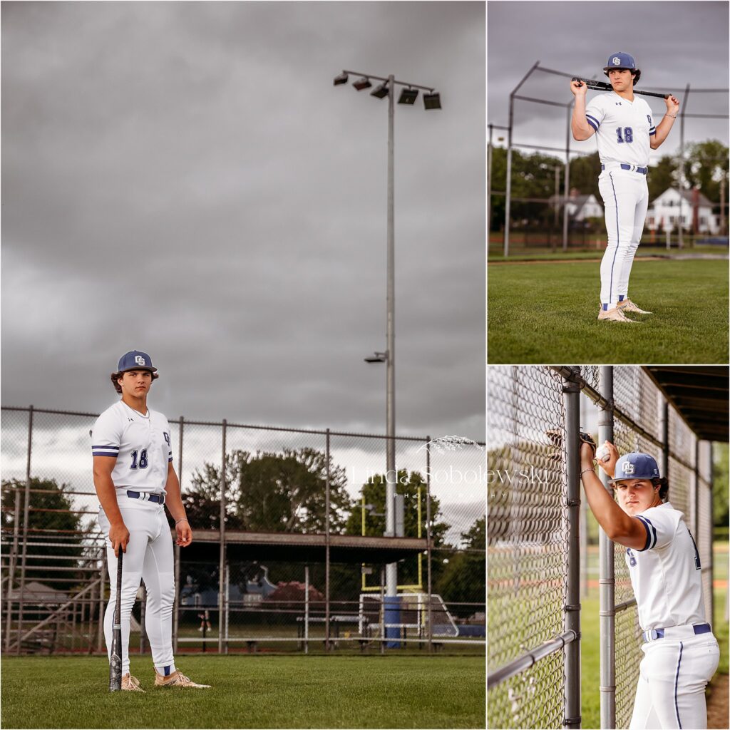 high school senior boy in his baseball uniform, CT High school senior photos in Old Saybrook