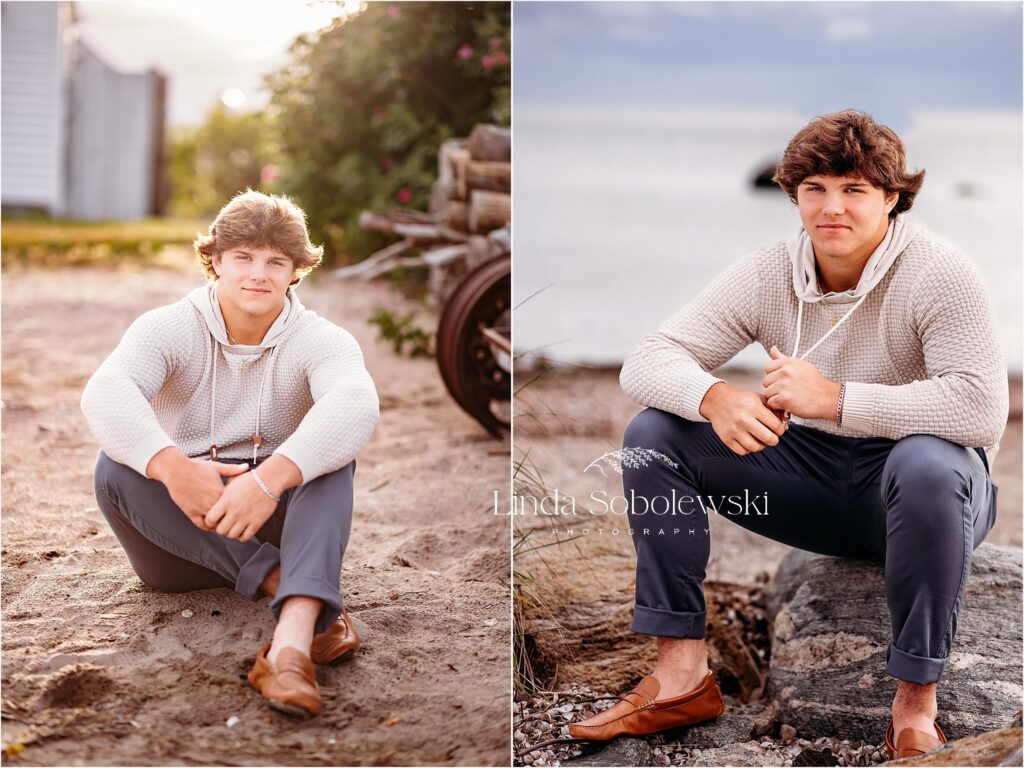 teenage boy in brown sweater sitting at the beach, High School Senior Boy photo session