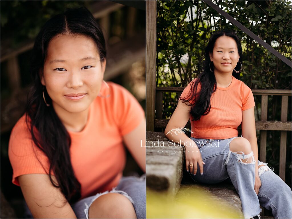 girl with black hair sitting on steps, Senior Photo Session in Old Saybrook CT