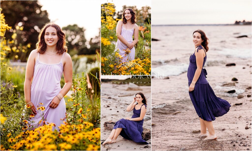 teenage girl walking in a garden and the beach, Waterford CT senior photographer