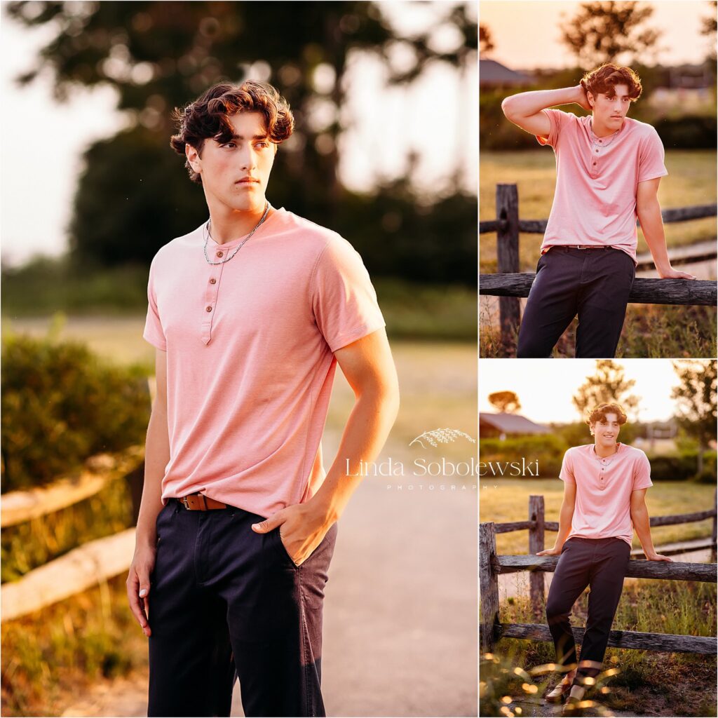 teenage boy in pink top leaning against a fence, Best senior photographer in CT