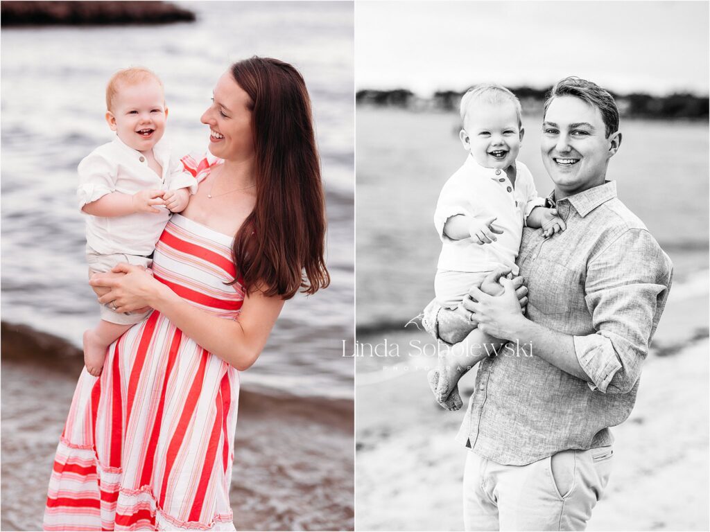 images of a mom and dad holding their baby at the beach for beautiful family photos, Madison CT photographer