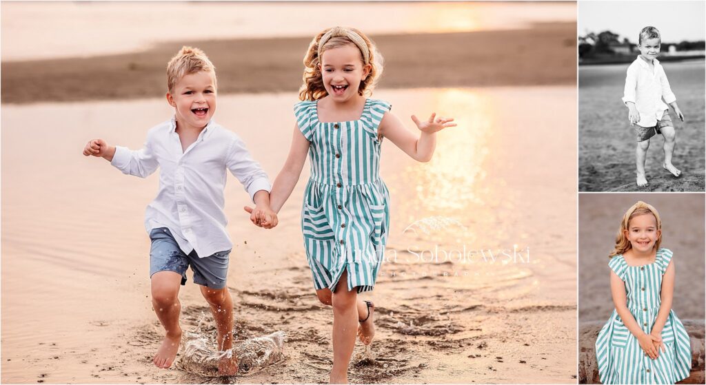 brother and sister walking together at the beach, Summer night petite sessions for 2023 with CT Family photographer