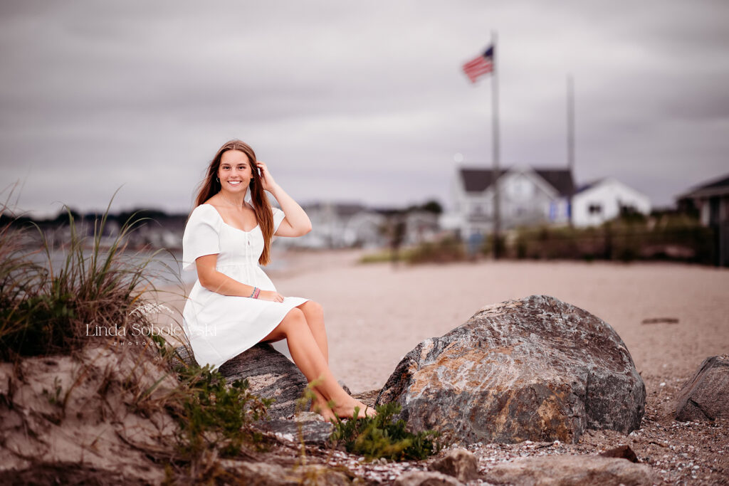 girl in white dress at the beach, CT shoreline senior photography session