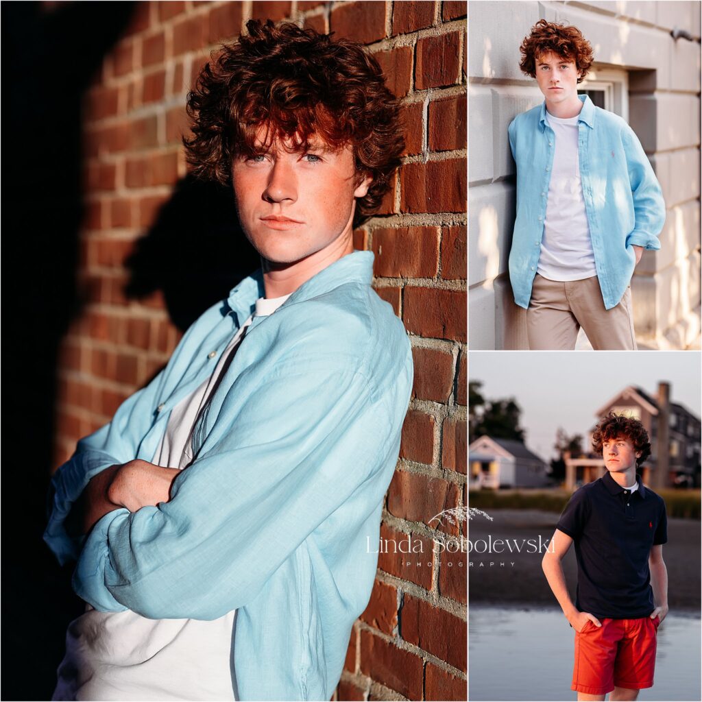 teenage boy in a blue shirt leaning against a brick wall, Old Lyme CT photographer
