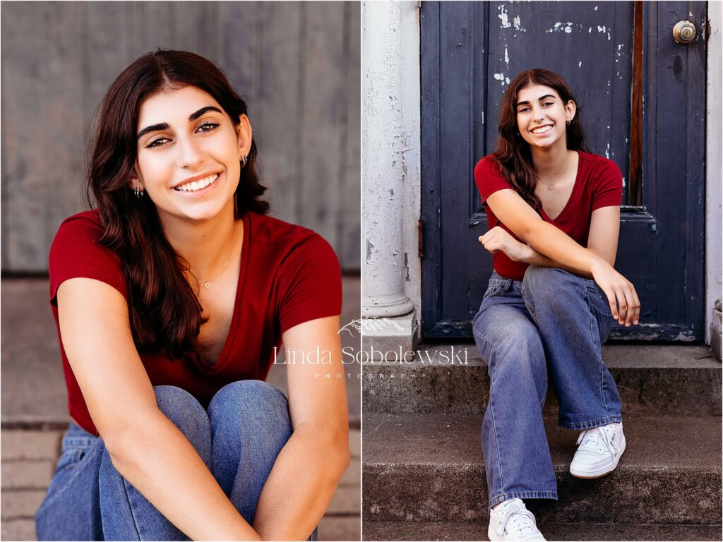 girl in red top sitting against a green door, CT senior photographer