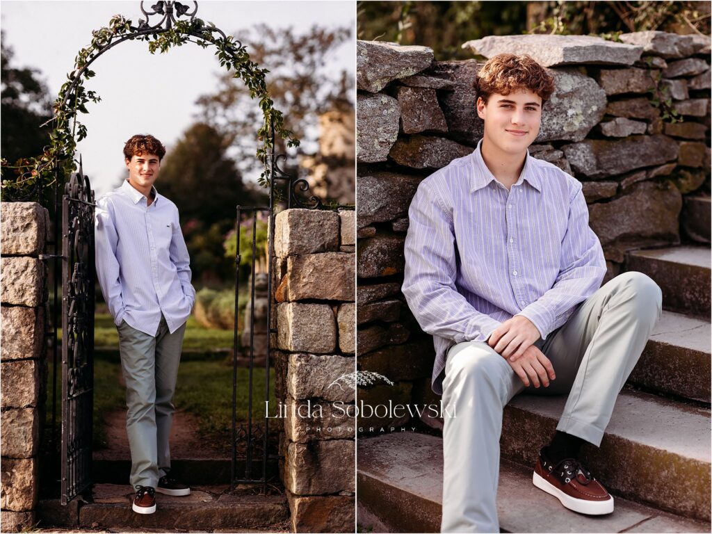 teenage boy with curly hair sitting on the steps and leaning against a fence, Old Saybrook CT photographer