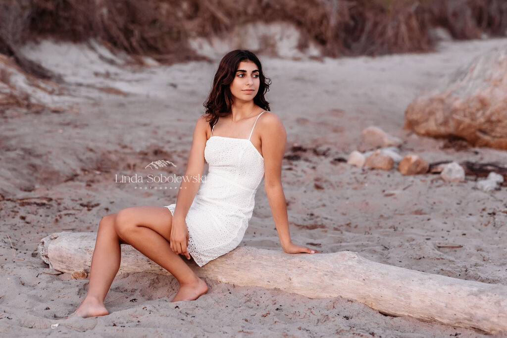 girl in white dress at the beach, Old Saybrook High school senior photographer