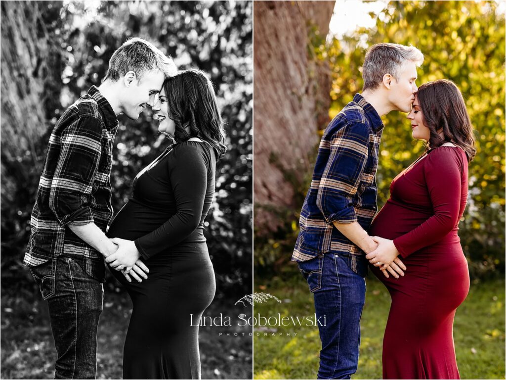 man in flannel shirt kissing his wife's head, CT maternity session in Madison, CT