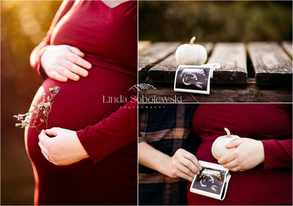 woman in red dress with hands on her pregnant belly, CT shoreline photographer