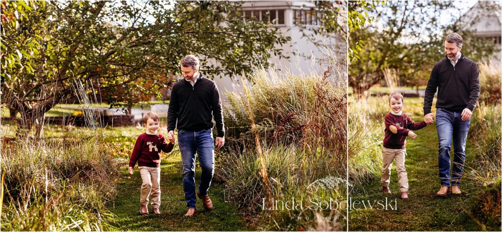 father walking with his son and holding hands, CT shoreline family photographer