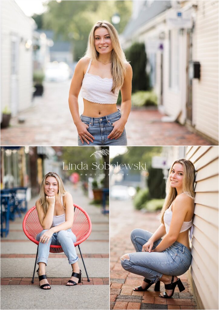 teenage girl with blonde hair standing against a brick wall for his urban senior session, CT shoreline best senior photographer