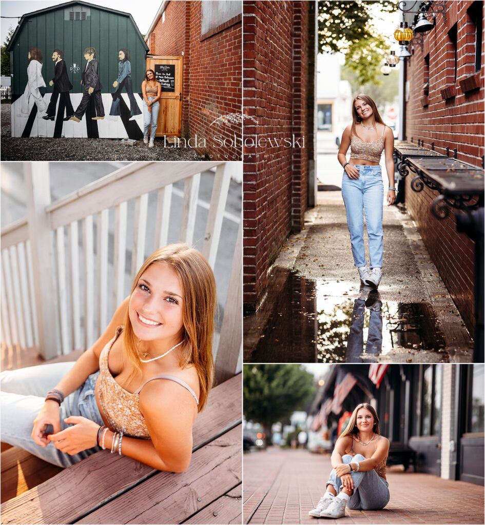 teenage girl doing in her senior photography session downtown in Old Saybrook, CT Best senior photographer