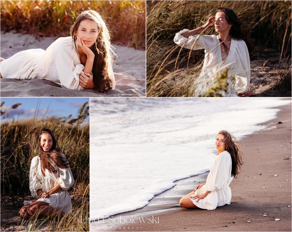teenage girl in white dress at the beach on a windy day, CT Senior photographer