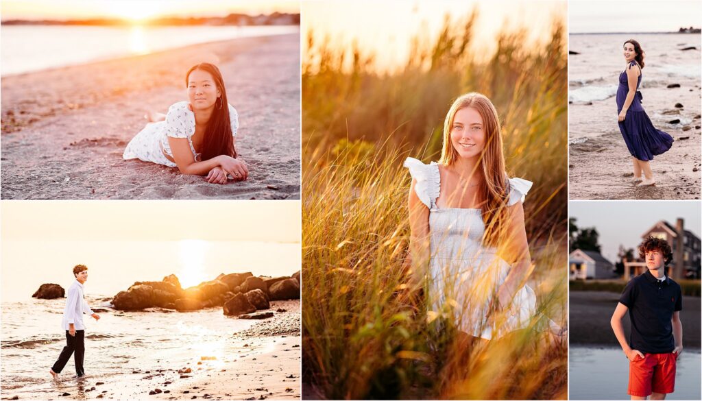 high school seniors at the beach during sunset, CT Shoreline senior photographer