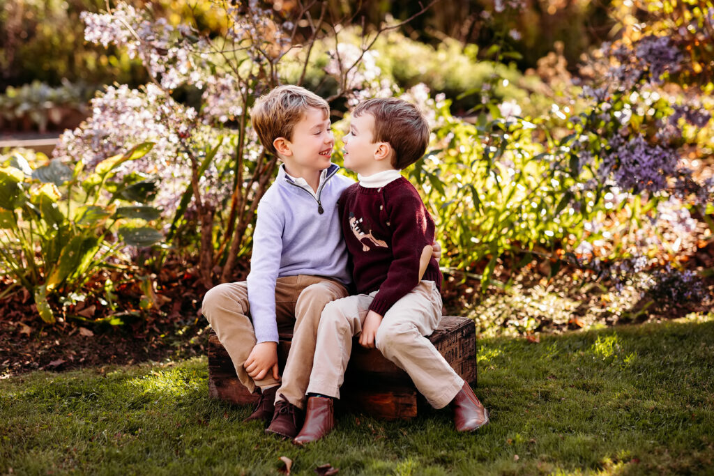 two little brothers laughing together for their family photo session in Old Lyme, CT