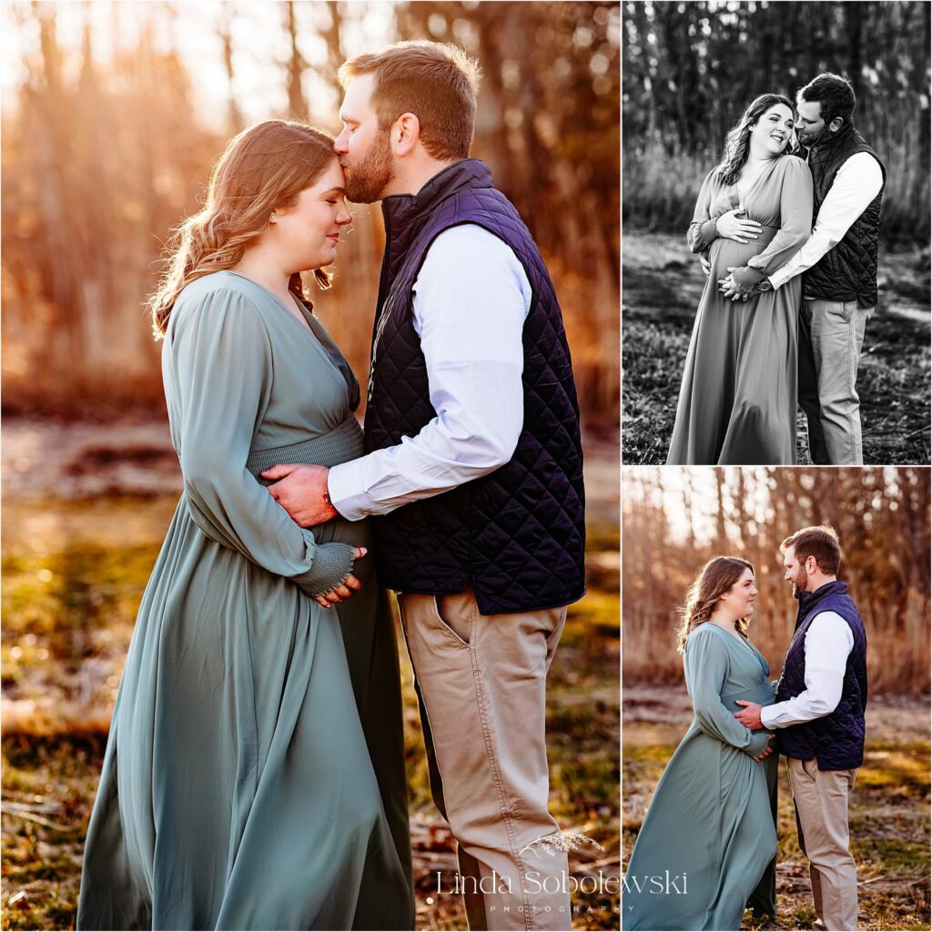 pregnant couple standing together in a field of golden grasses, winter maternity photos in CT
