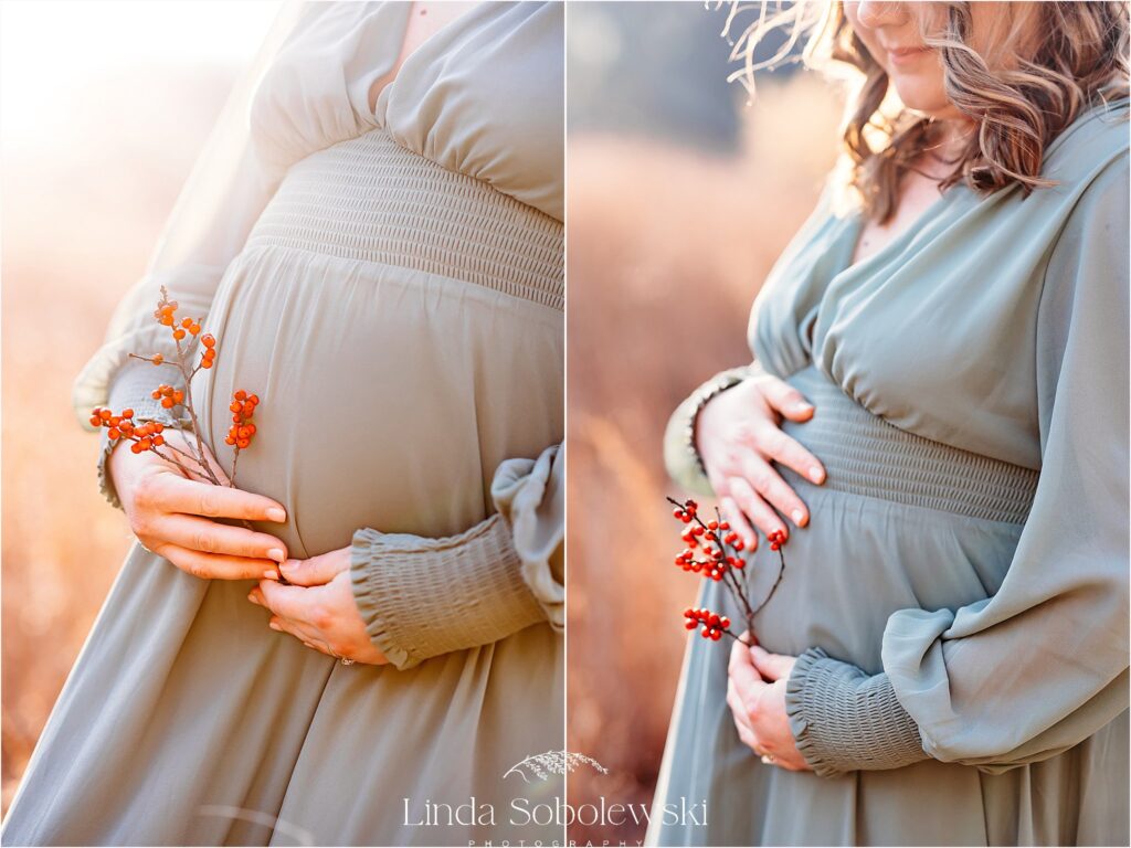 pregnant woman in green dress holding red berries, CT maternity photographer