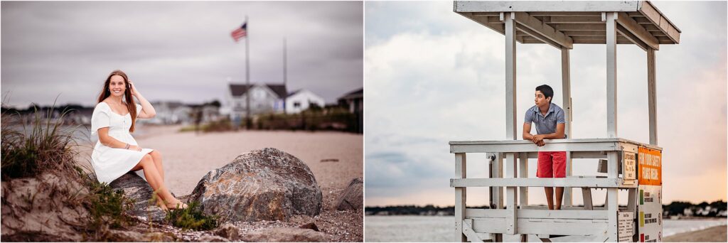 girl and boy on a lifeguard chair and rocks on the beach, CT Best senior photographer
