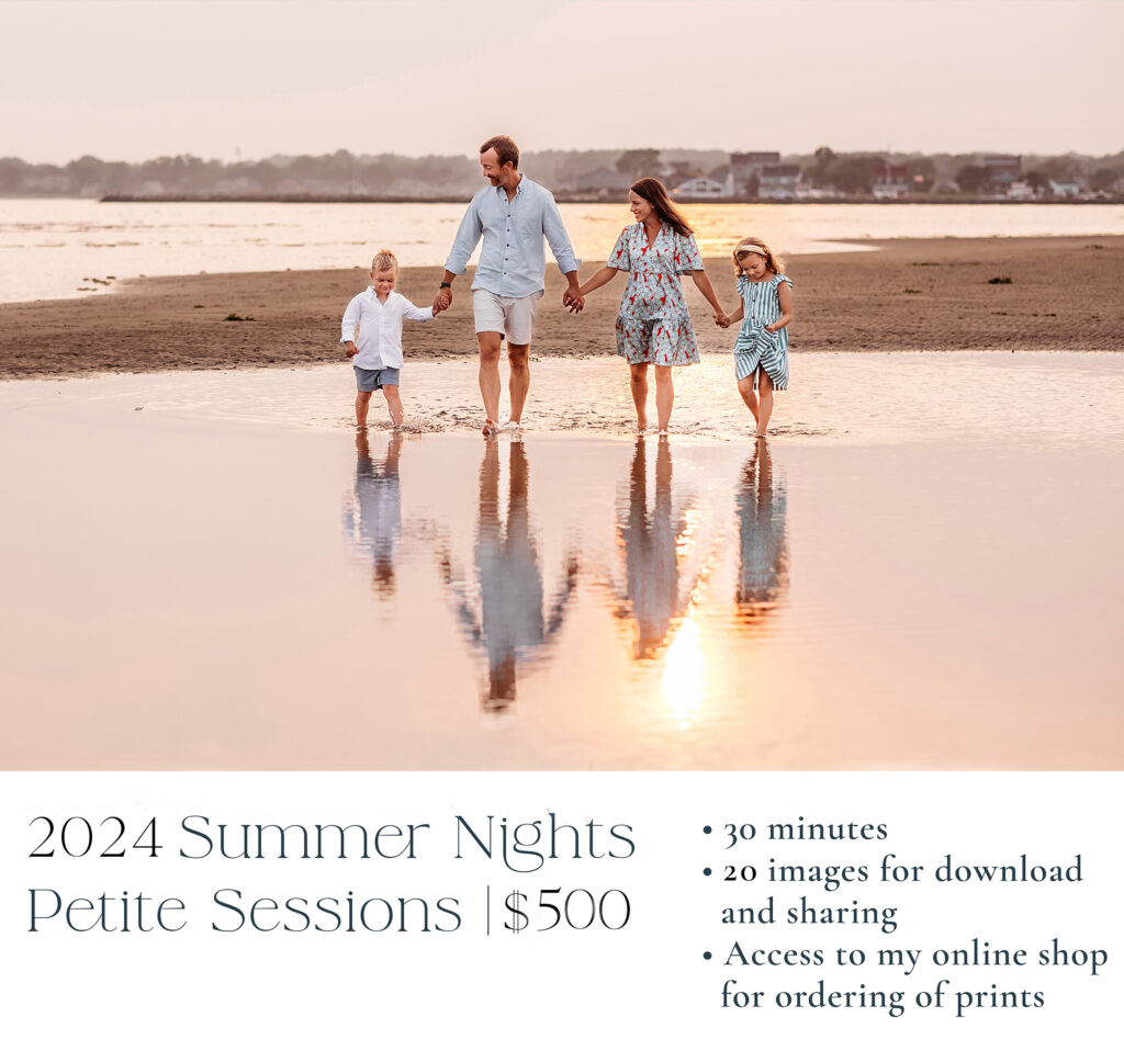family of four walking on the beach, 2024 summer petite sessions with Old Saybrook CT photographer