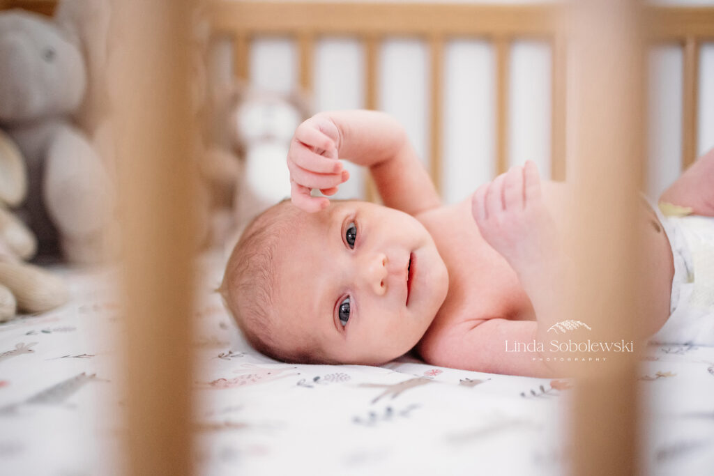 baby laying in her crib, CT Newborn Photographer