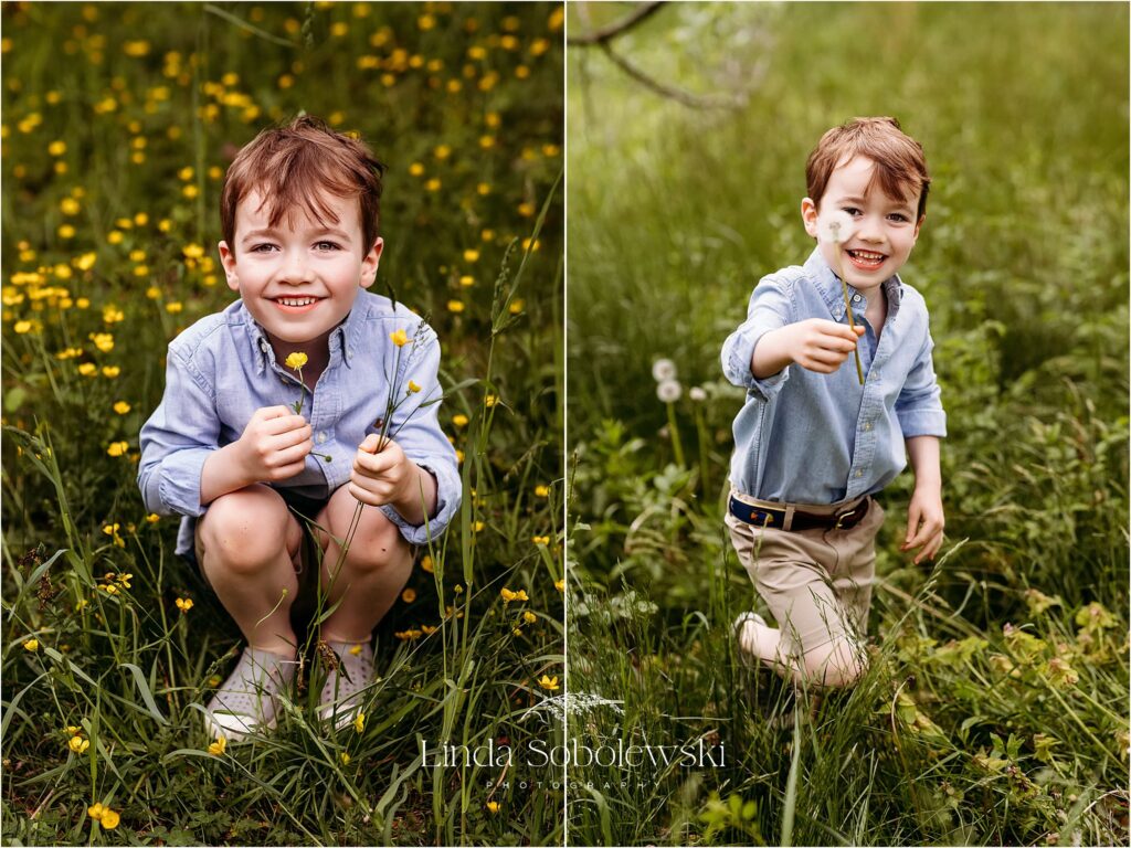 little boy with blue shirt holding flowers, Old Lyme CT photographer