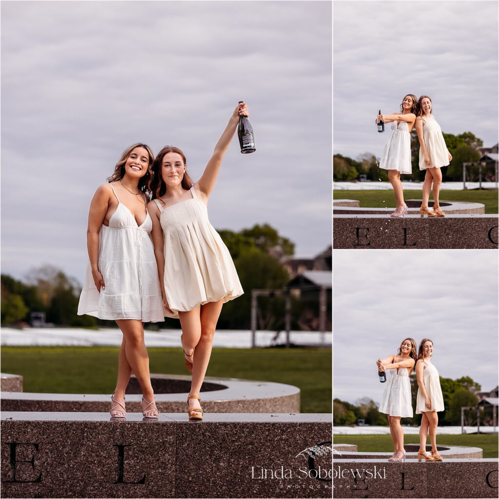 two girls in white dresses opening bottles of champagne, Connecticut College photography session