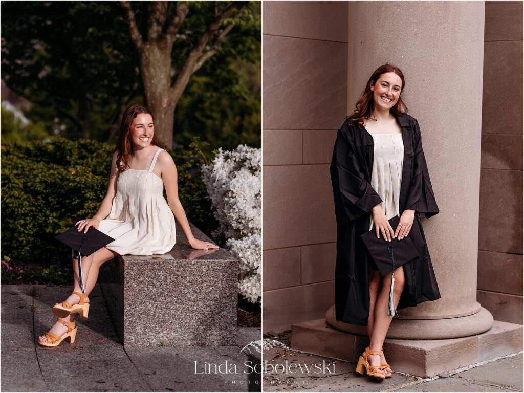 young woman in white dress and graduation robes at college for her graduation photo session, CT Senior photographer