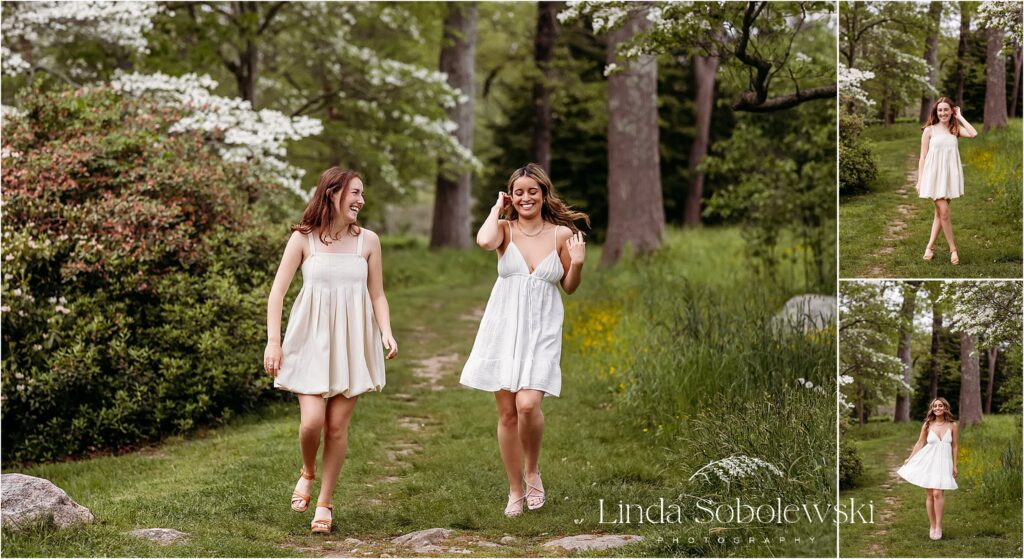 two girls in white dresses walking in a garden, CT college photographer