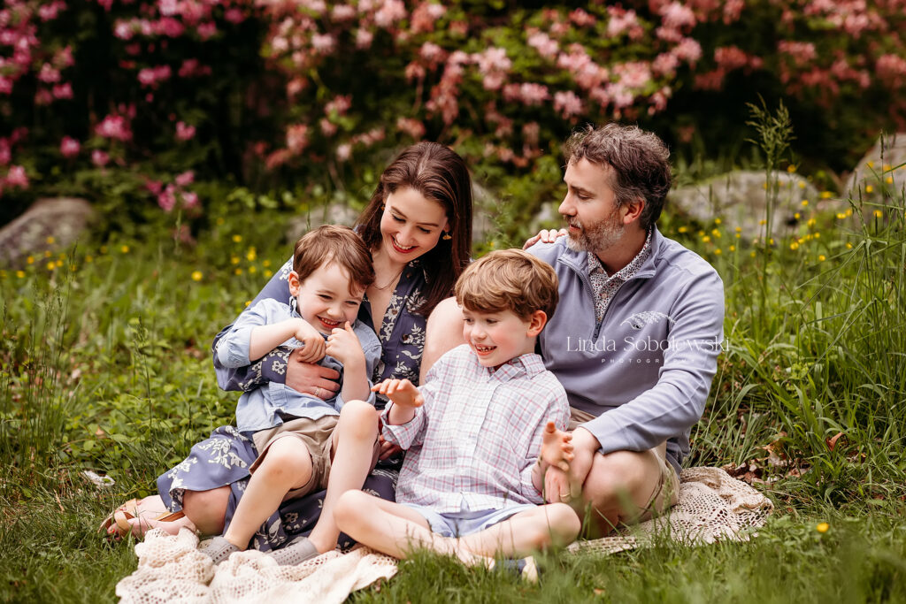 family of four sitting in the grass, New London photographer