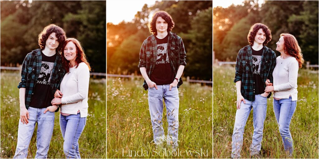 A teenage boy in a black t-shirt in a field of grass, CT Senior photographer