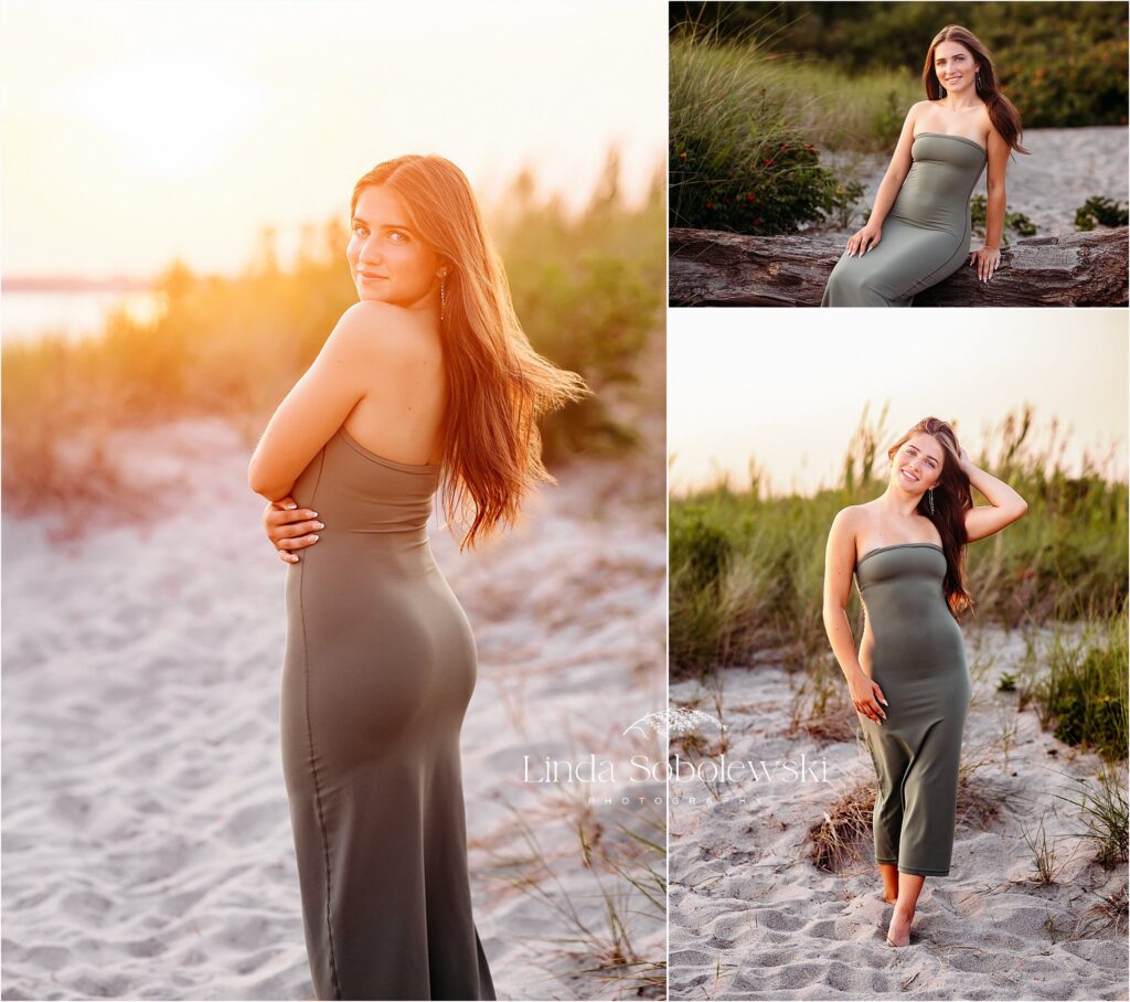 girl in green dress at the beach for her senior girl session, Westbrook CT photographer