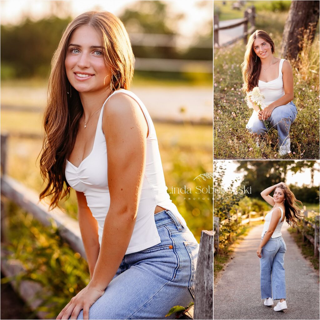 Girl in white top and jeans leaning against a fence. Madson, CT photographer