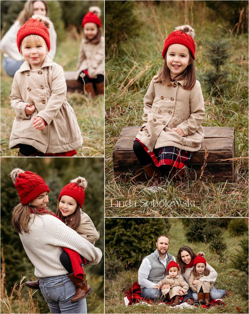 family with red hats and scarves at a tree farm, CT shoreline best family photographer