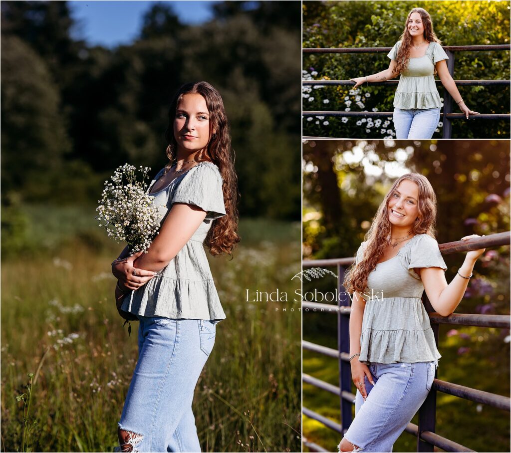 teenage girl in green top at the park, CT shoreline senior photographer