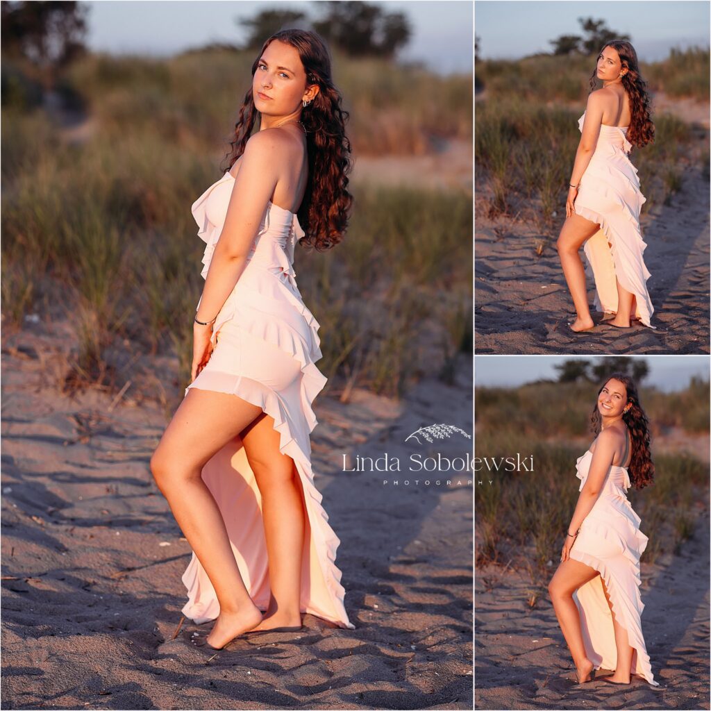 girl in pink dress at the beach for her senior photos, Old Lyme, CT photographer