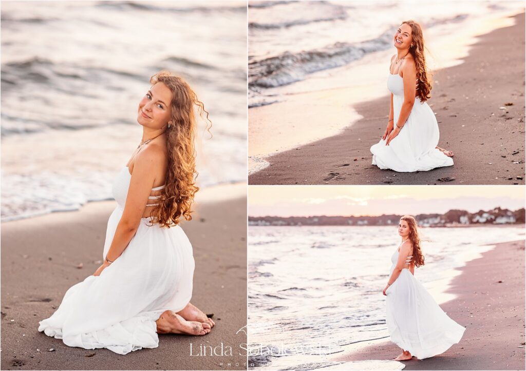 enior girl in white dress sat the beach, Madison CT Senior Photographer