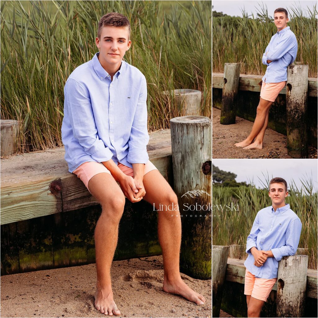 high school boy having casual senior photos taken at the beach, Madison CT senior phtoographer