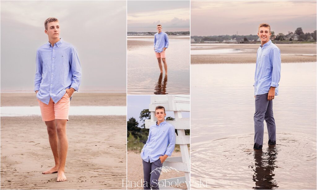 boy in blue shirt walking in the water, CT shoreline senior photographer