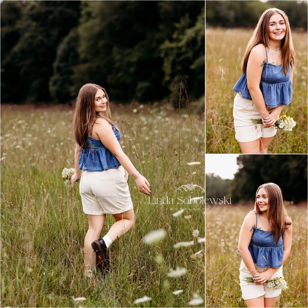 pretty girl in blue stop at a park, in Guilford, CT senior photographer