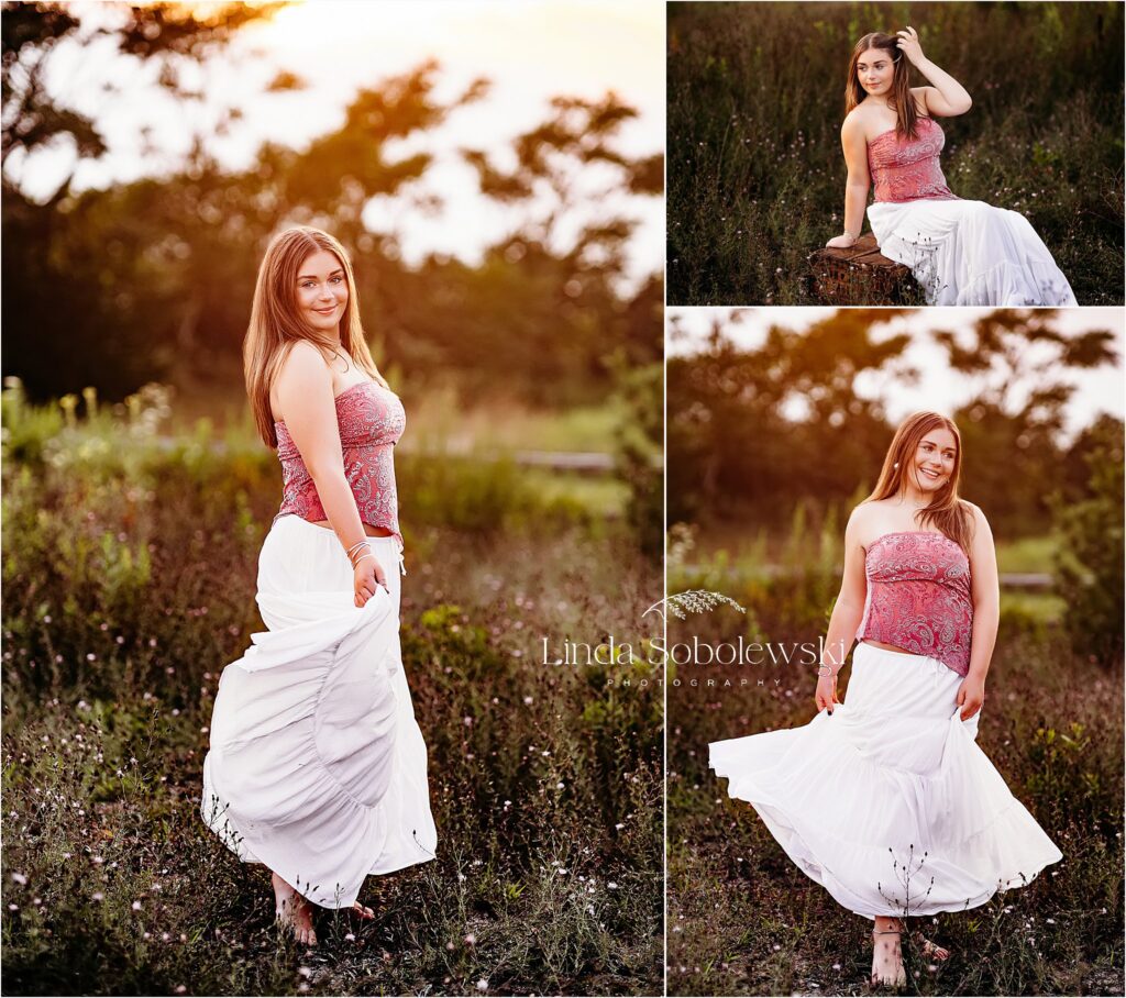 girl in white skirt and pink top twirling around, CT Senior photographer