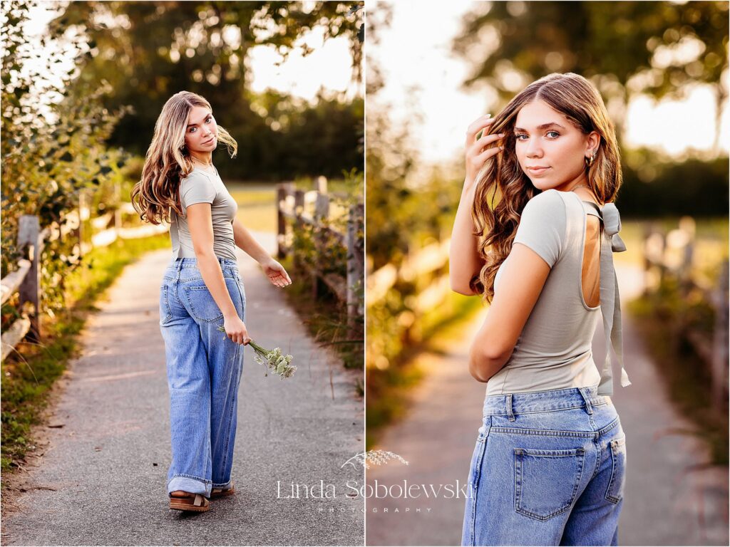 teenage girl in green top walking down a sidewalk, CT shoreline photographer